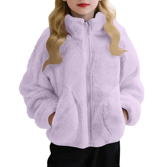 IVEYRTF Girls Solid Color Plush Hooded Jacket Soft Fleece-Lined Fall Winter Casual Warm Outerwear Coats Fashion Thickened Warmth Tops for Kids 1-11 Years(Purple,4 Years)