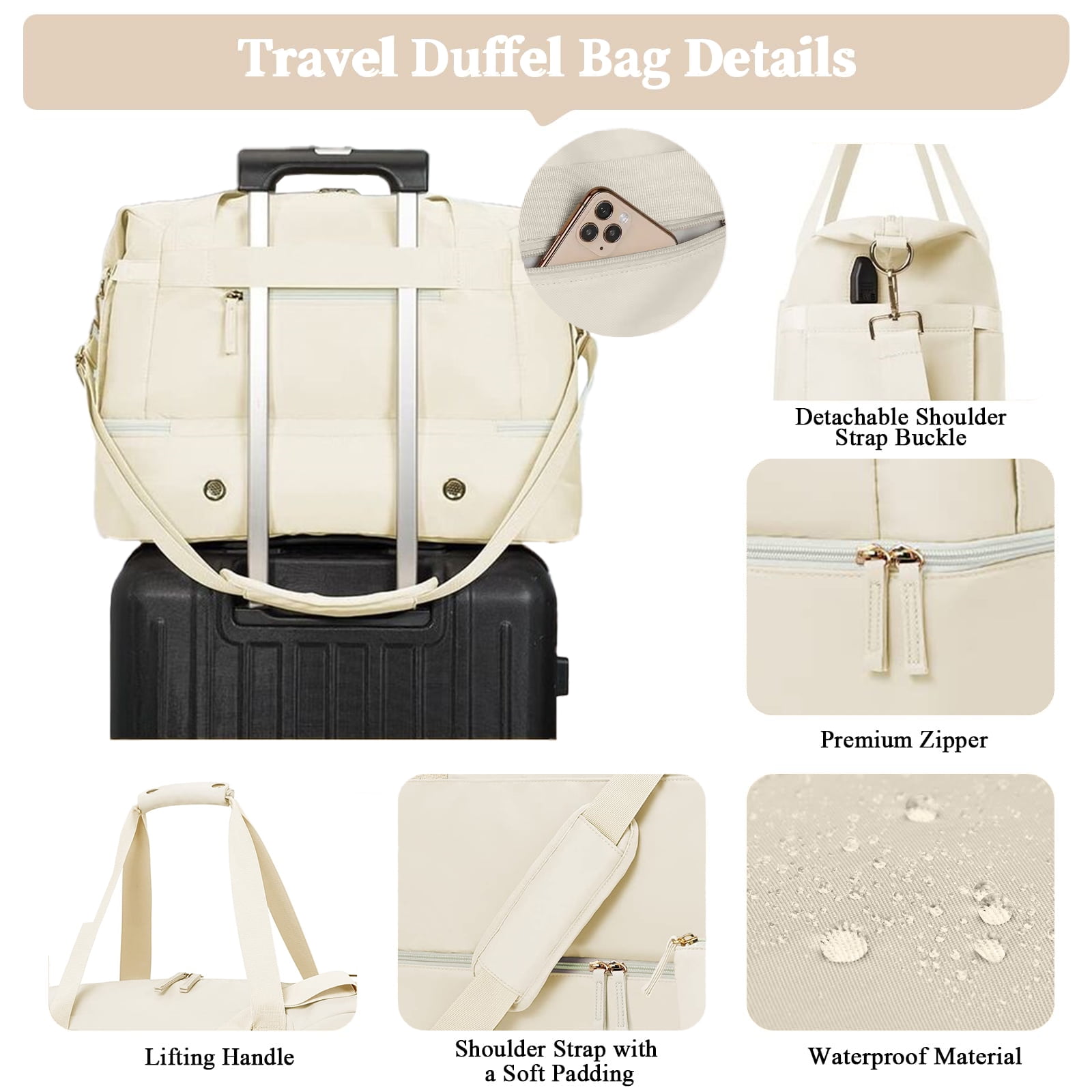 DAKIMOE Travel Duffel Bag for Women Gym Bag with USB Charging Port Large Weekender Overnight Bag Yoga Duffle Bags with Wet Pocket and Shoes Compartment, Beige