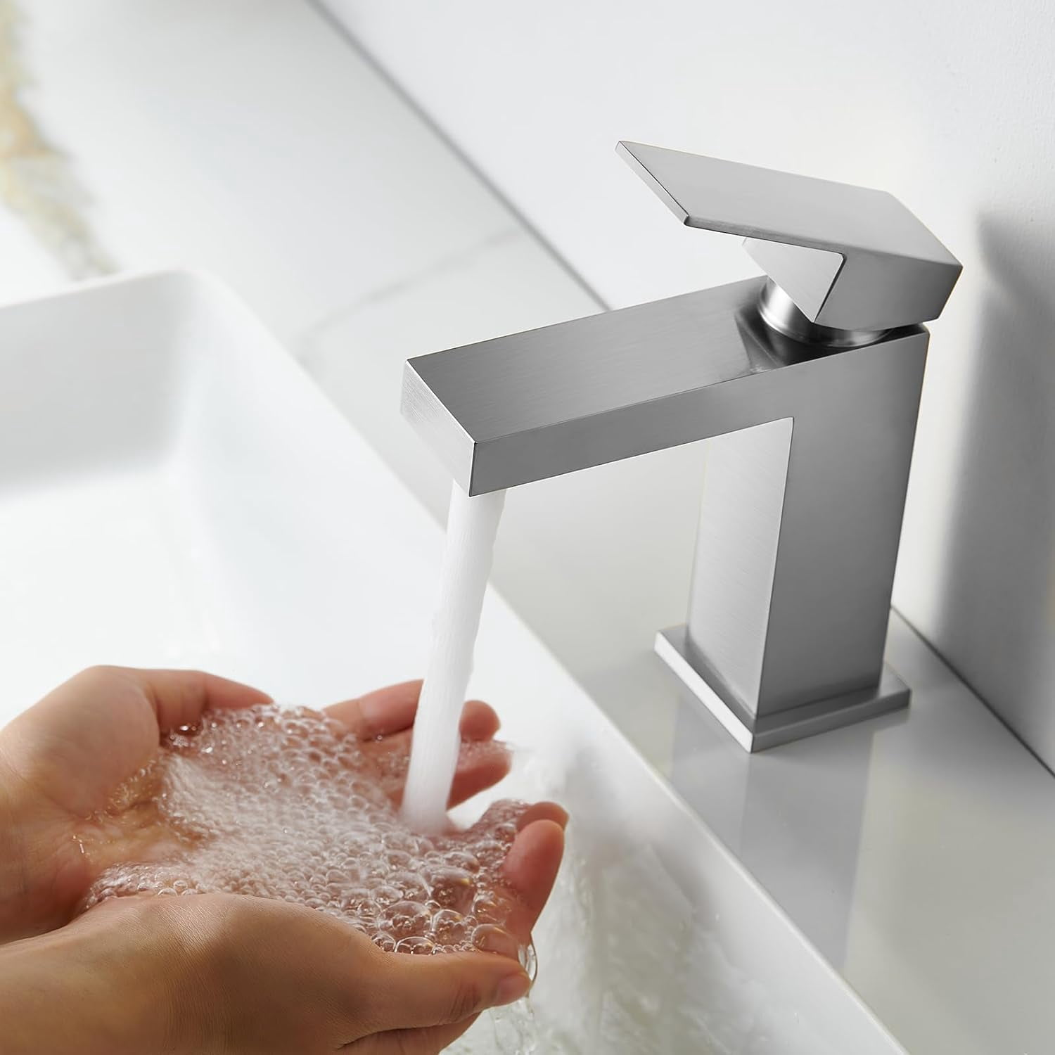 Brushed Nickel Bathroom Faucet - HausinLuck Solid Square Single Handle Bathroom Sink Faucet with Pop Up Drain