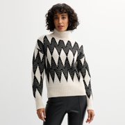 Women's Catherine Malandrino Diamond Fancy Stitch Two-Color Long Sleeve Turtleneck Color: Oatmeal Black Size: SMALL