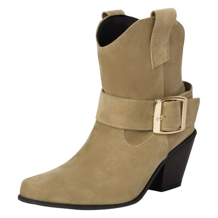 OJSFQUFP Women Ankle Boots Ladies Retro Simple Solid Color Large Size Pointed Toe Belt Buckle Short Boots Western Boots Ankle Boots Waterproof Slip On Shoes Women Beige 38