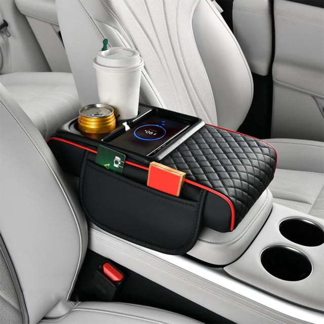 Car Armrest Riser Pad with Wireless Charging, Nappa Leather Console Organizer, Dual Cup Holders, Side Pocket Storage for Enhanced Driving Comfort & Phone Power
