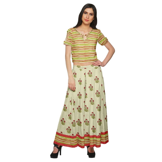 Moomaya Ensemble Palazzo Ample et Haut Court Santoon Imprimé Robe Ethnique pour Femmes