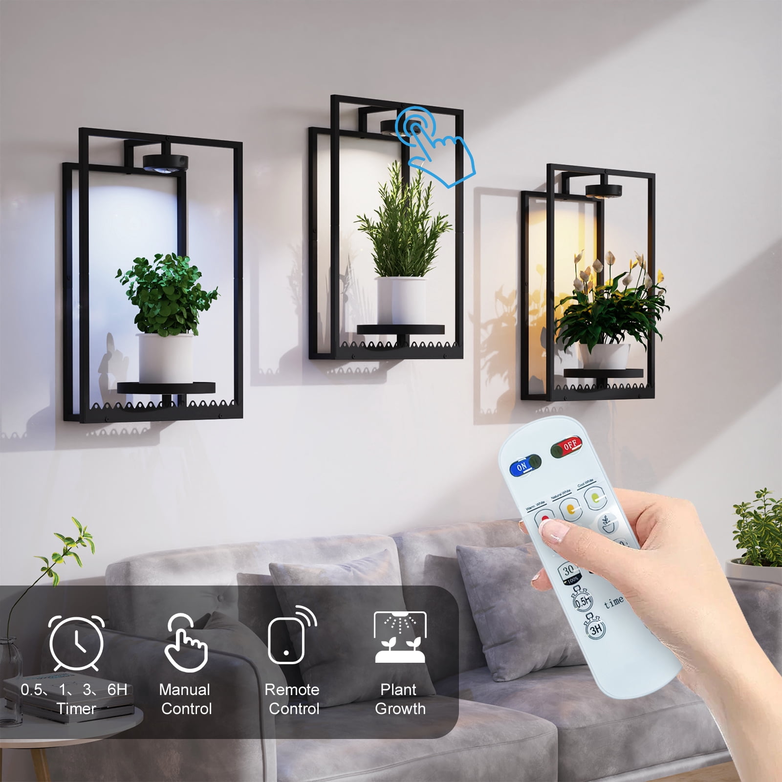 Wall Plant Holder, Indoor Plants Holders with Remote Grow Lights, Plant Shelves Hanging Planters, Framed Plants Holder for Living Room, 2 Pack