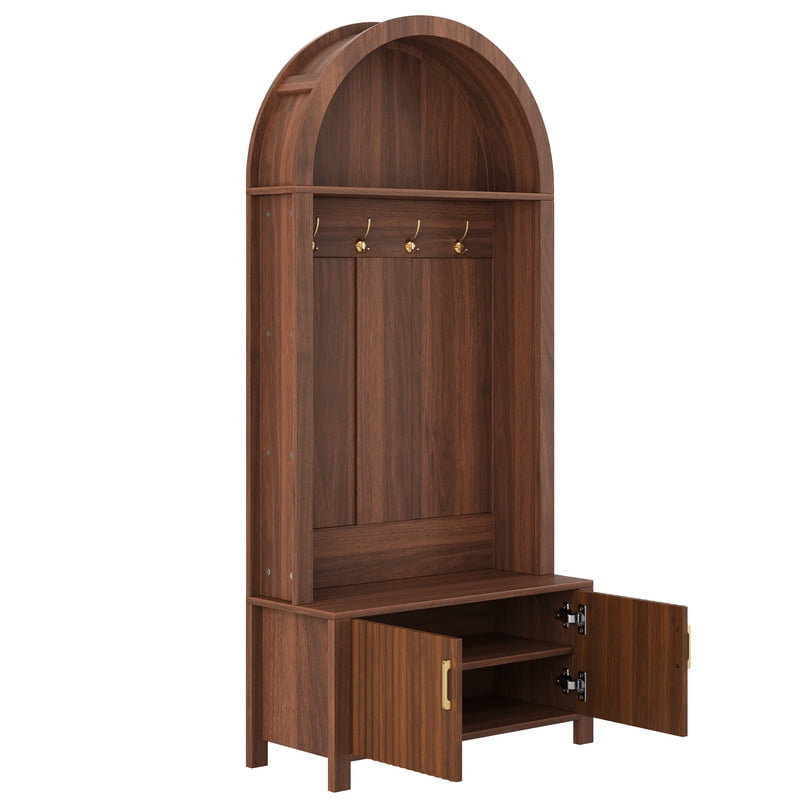 Farmhouse Arched Hall Tree with Storage Bench, Mudroom Bench with 2-Door Cabinet, 70.3'' Coat Rack with 4 Metal Hooks, Entryway Mudroom Organizer with Solid Wood Legs for Hallway & Living Room