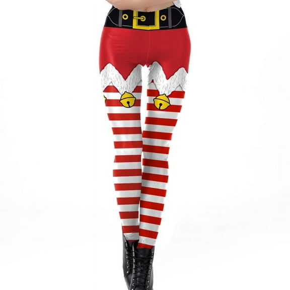 YUOPEEA Women Ugly Christmas Fake Elf Shorts Print Leggings Funny Belt Striped Santa Holiday Tights Mid Rise Xmas Festival Cosplay Costume Pants