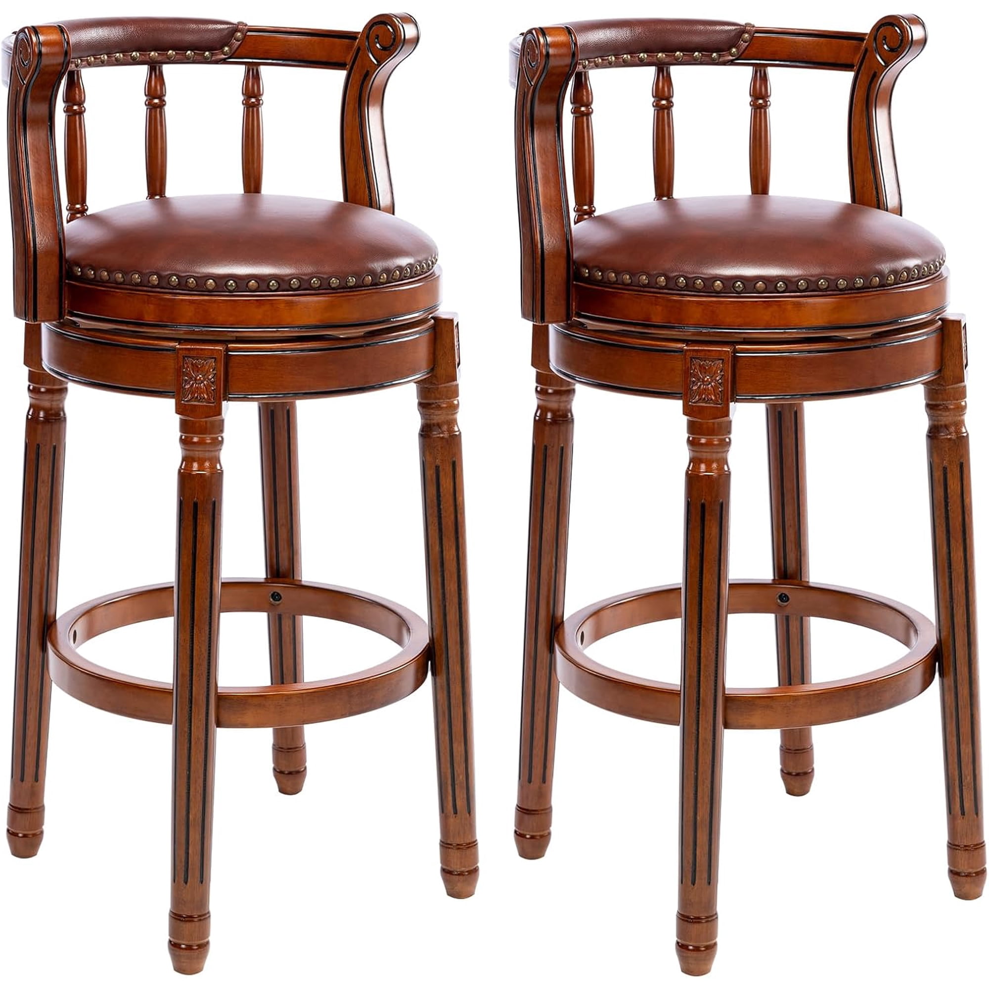 Aulife 2pcs Bar Stools Genuine Leather Counter Height barstool Wooden Swivel kitchen Stool with Footrest for Kitchen Dining Room