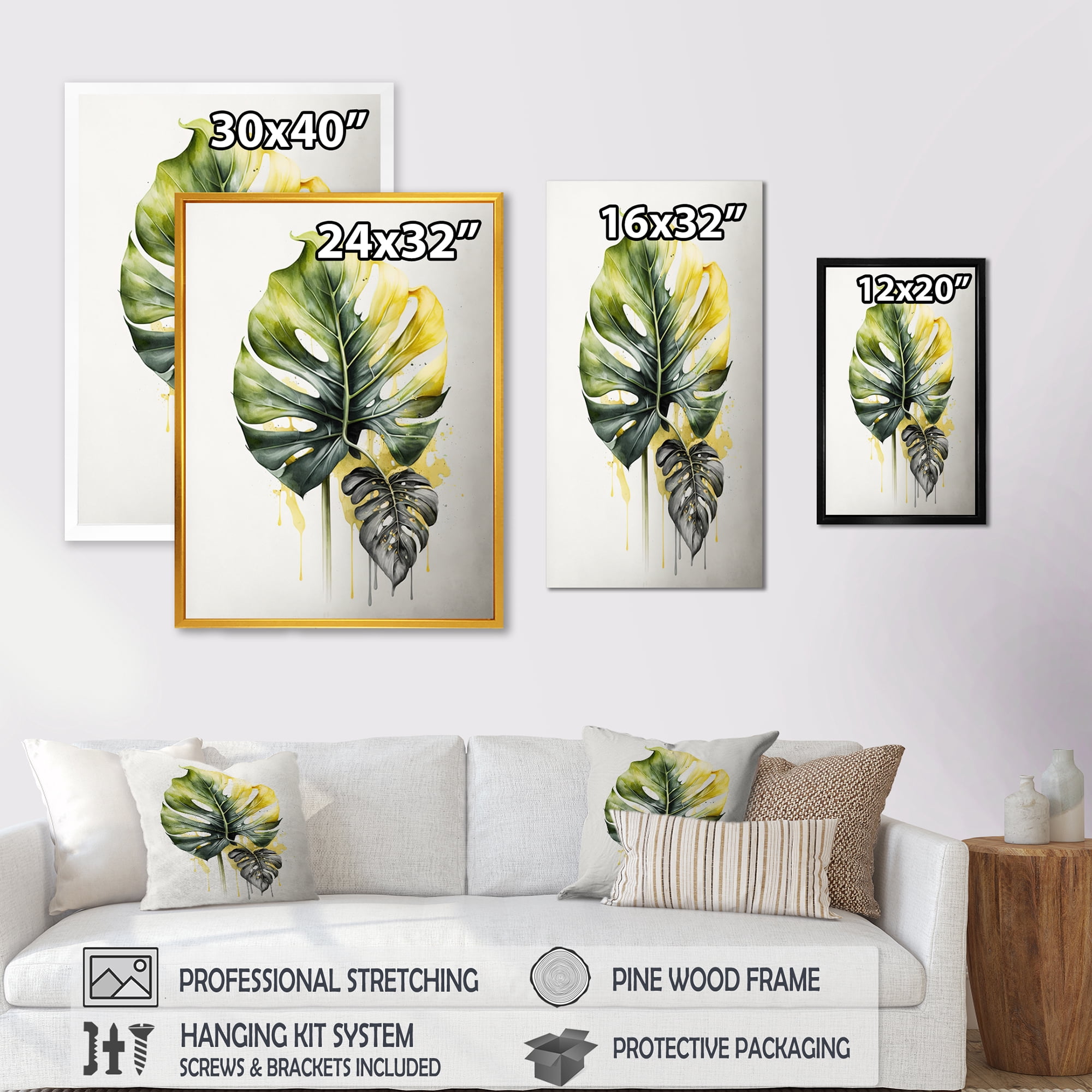 Designart Yellow And Grey Philodendron Leaf II Canvas Wall Art