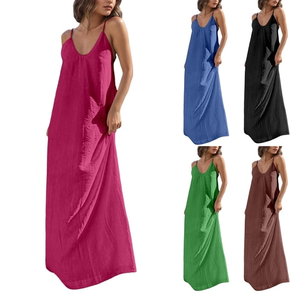 TAGOLD Womens Sleeveless Round-Neck Ankle Dress Solid Color Backless Strap Loungewear Summer Loose