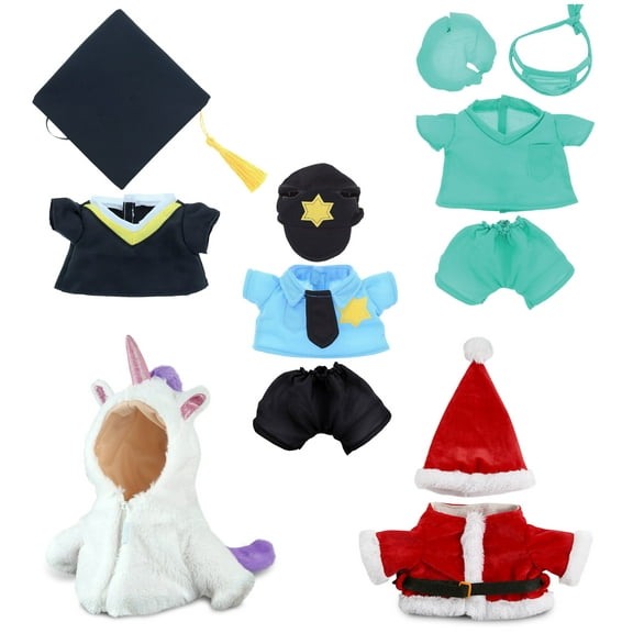 DollIiBu Small Stuffed Animal Teddy Bear Clothes Set - Collection of  Teddy Bear Clothing for Unicorn, Police Officer, Santa Dress, Graduation Gown, and Doctor Scrub Costume - 5 Outfits