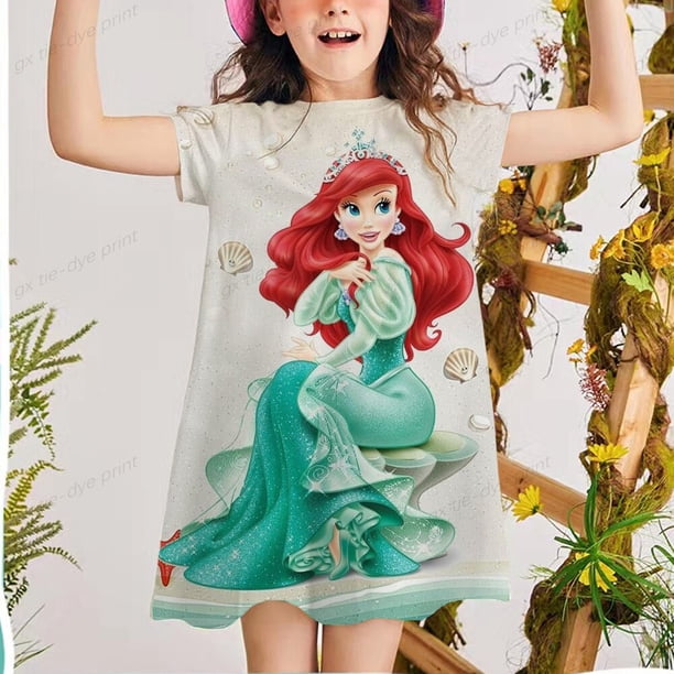 7.8.9.12-year-old Girl Little Mermaid Princess Dress Fashion Cute Summer Girl Vestido de manga corta Print Casual Dress6T Gao Jinjia LED