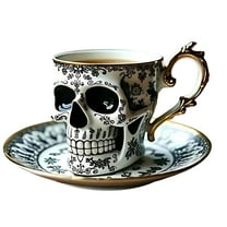 Royal Skull Coffee Mug with Saucer Set, Halloween Mugs, Gothic Tea Cups, Halloween Themed Skeleton Head Funny Ceramic Tea Cup, Novelty Gifts for Men Women