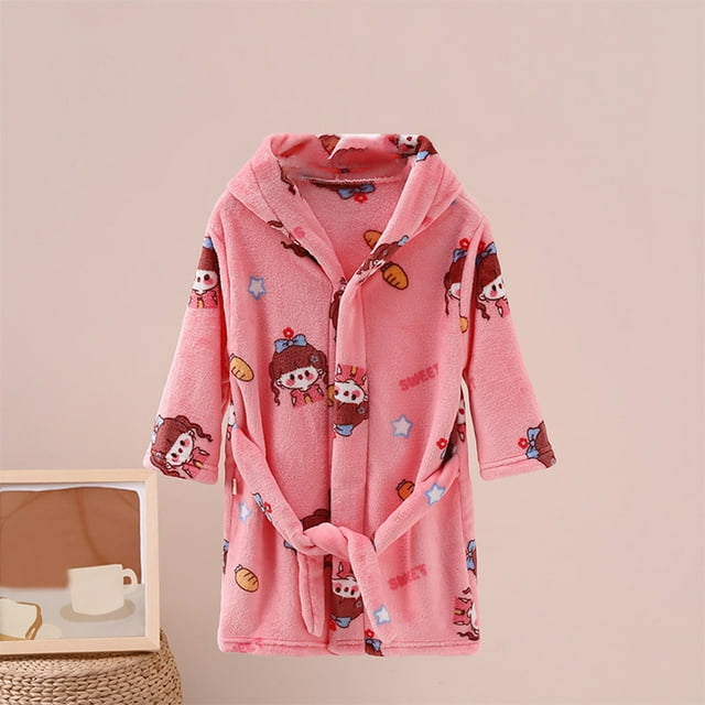 LSLJS 2-12Years Girls Fleece Hooded Bathrobe Children's Warm Printed Bathrobe Four Seasons Bathrobe Gifts, Kids Robe