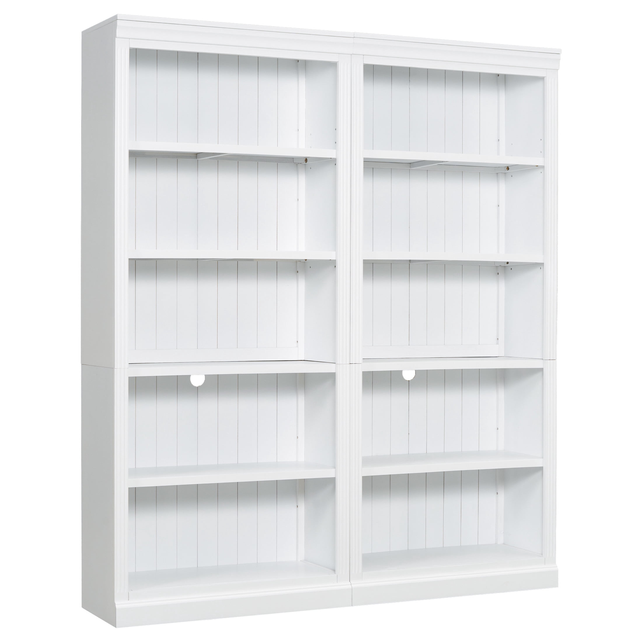 GDF Studio Halden 83.4" Wide 5-Tier Bookcase with LED Light, Adjustable Shelves & Cable Hole, Storage Bookshelf, White, Set of 2