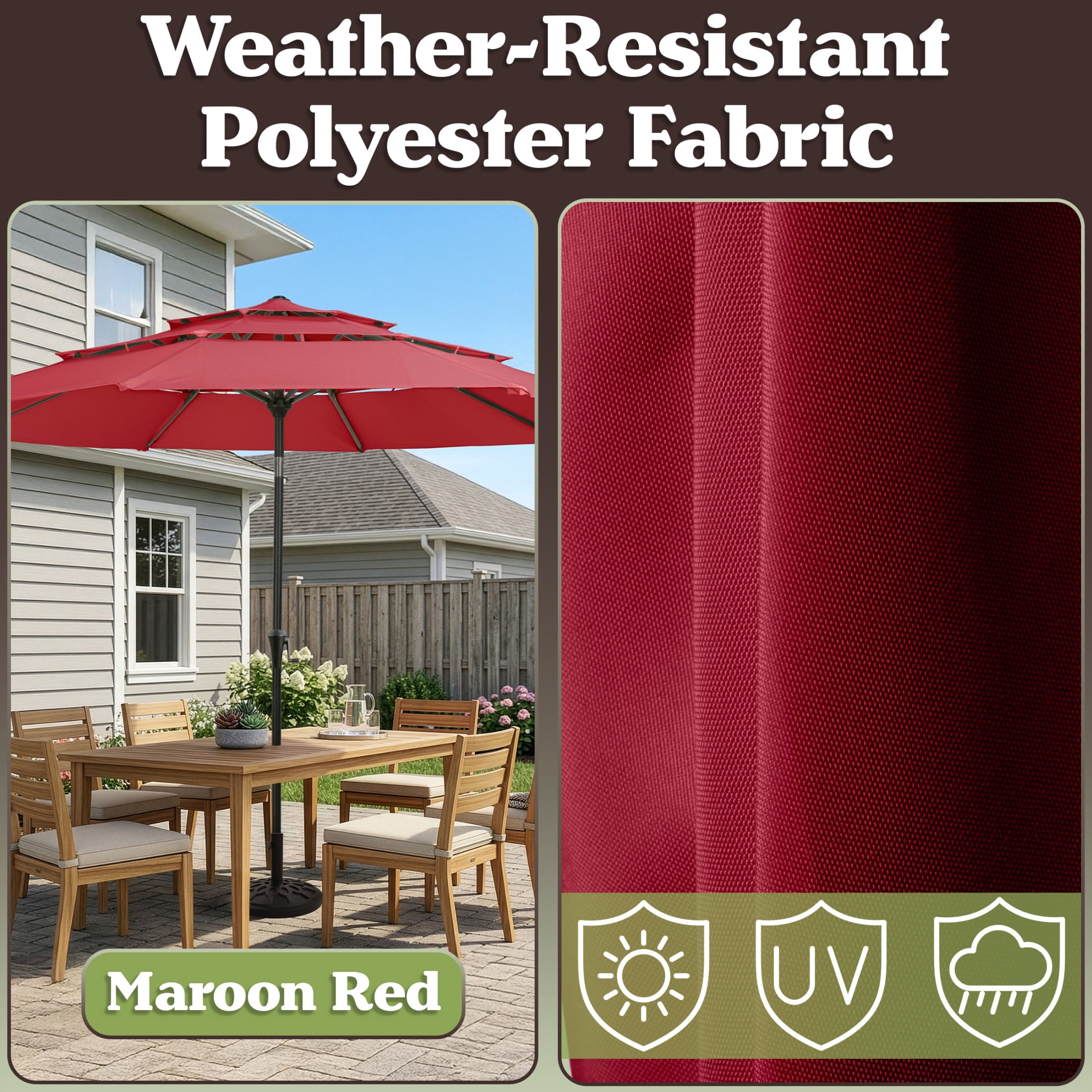 Pure Garden 10ft 3-Tier Umbrella for Patio Shade Canopy with 19lb Base, Maroon Red