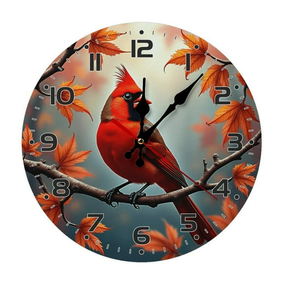 Red Cardinal Birds Wall Clock 10 Inch Silent Non Ticking Round Wooden Clock Decoration for Living Room Kitchen Bedroom Bathroom Office Classroom