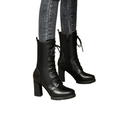 

Fangasis Ladies Fashion Block Heel Boots Chunky Comfort Winter Shoes Work Non-slip Side Zip Black 5.5