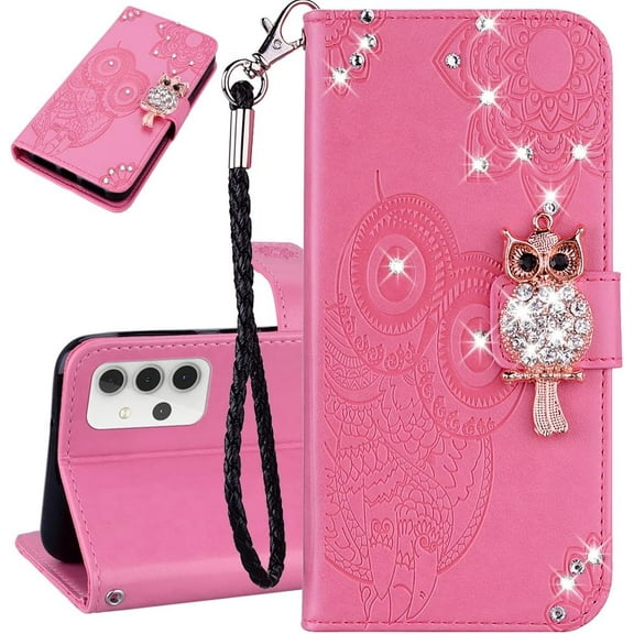 Compatible with Samsung Galaxy A13 5G Case Glitter Stylish Crystal Owl with Wrist Strap Kickstand Magnetic Leather Wallet for Women Flip Phone Case for Samsung Galaxy A13 5G Pink YK
