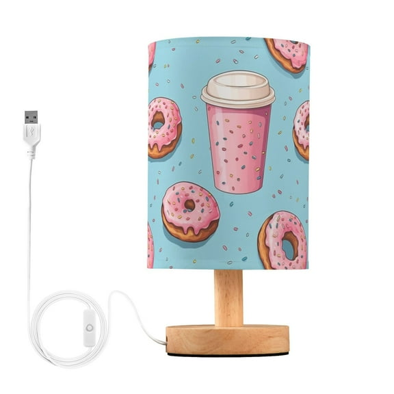 Macarons Coffee Pink Table Lamp USB Bedside Desk Nightstand Lamp Printed Gifts Small Lamp Wood Base for Bedroom Living Room Kids Room College Dorm
