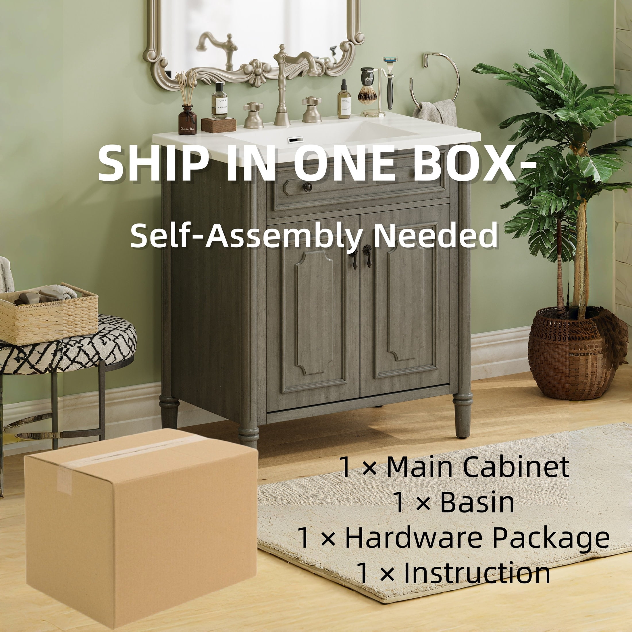 Christopher Knight Home 31" Vintage Bathroom Vanity, Curved Profile MDF Cabinet with Ceramic Sink, Gray
