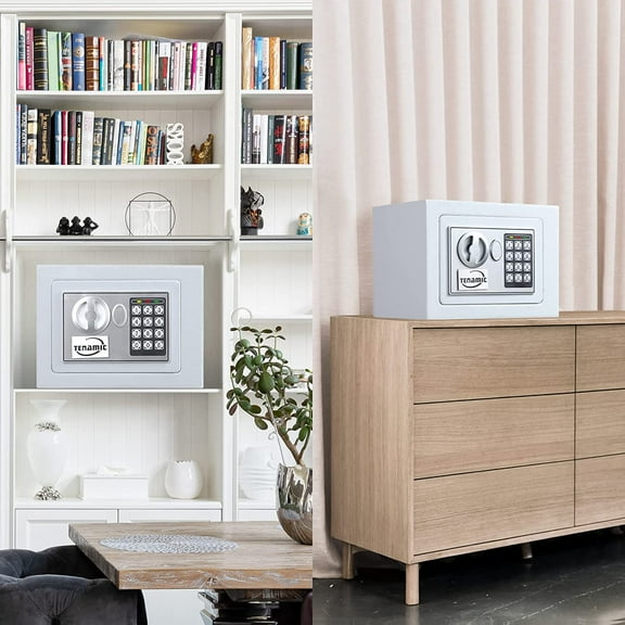 TENAMIC Electronic Digital Security Keypad Lock Box - 0.23 Cubic Feet Mini Safe for Office, Hotel, Home - White