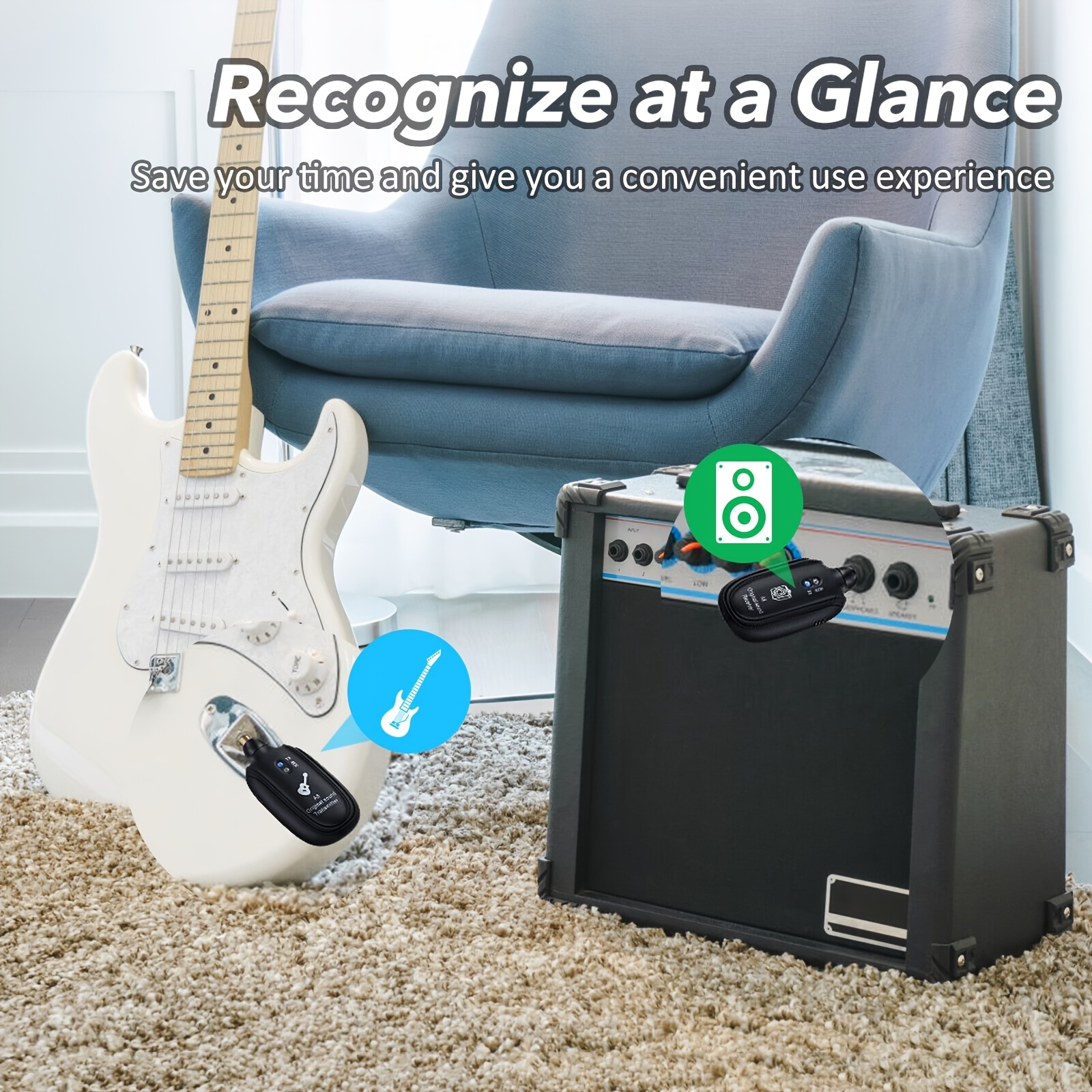 A8 Wireless Guitar System, Built-In Rechargeable Transmitter and Receiver, Stereo Audio, Hand Control, USB Charging for Electric Guitar, Bass, Violin, Compatible with Amplifiers