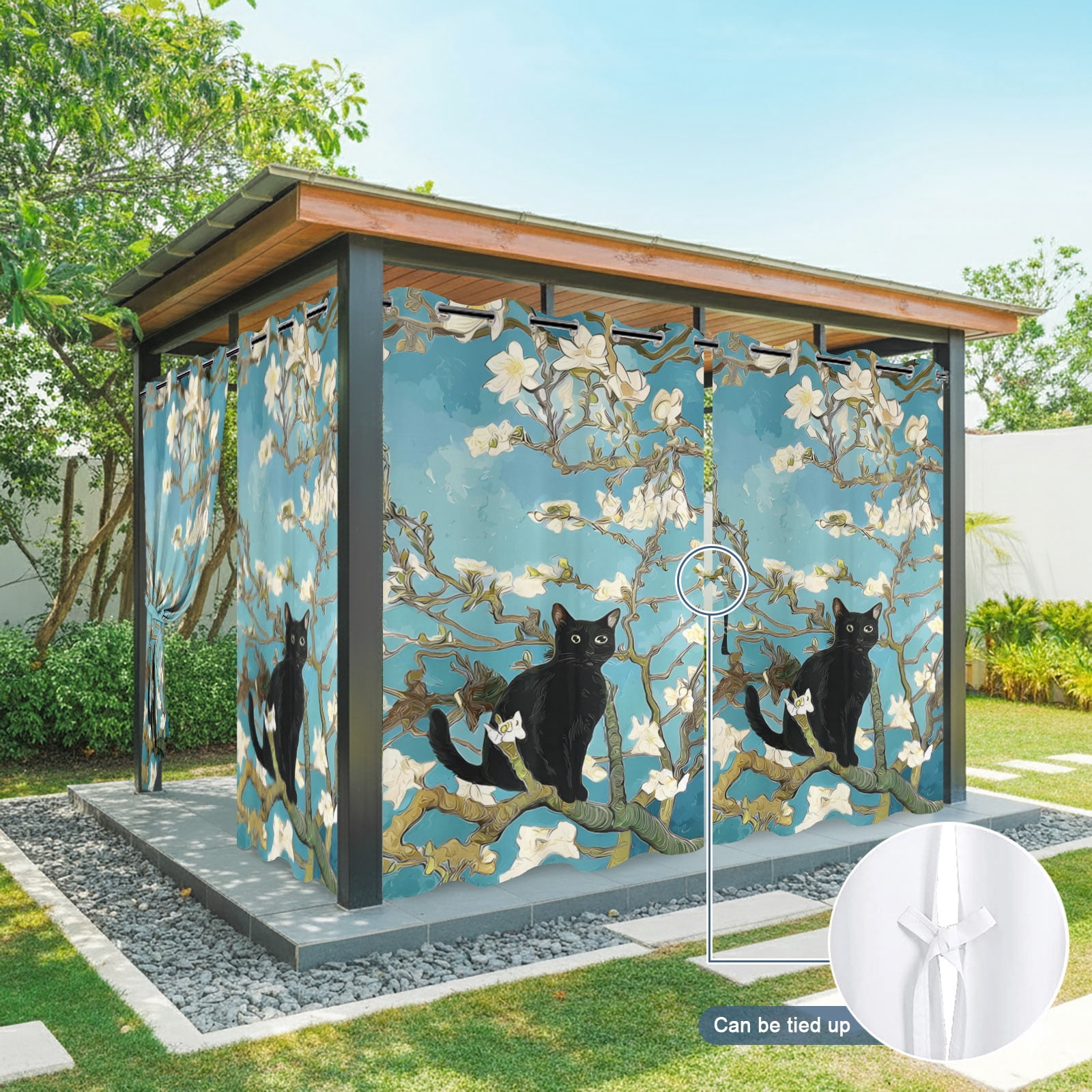 Funny Black Cat Outdoor Curtains for Patio, Blossom White Floral Branches Vintage Sunshade Privacy Drapes Grommet Waterproof Outside Curtains for Porch/Cabana/Balcony 54"x 95", 2 Panel