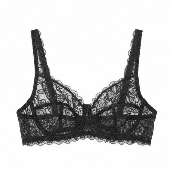 Iugvhana Push-Up Bras for Women Lace Sheer Bra Lift Breathable Comfortable Everyday Bra, Floral Trim Soft Full Coverage Daily Bras Black M
