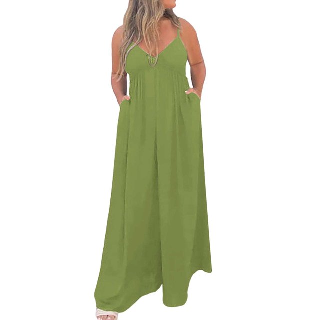 Jogger Pants Women Solid V Neck Ruffle Lace Up Jumpsuit Straight Trousers Looses Jumpsuits Wide Leg Pants Women Green M