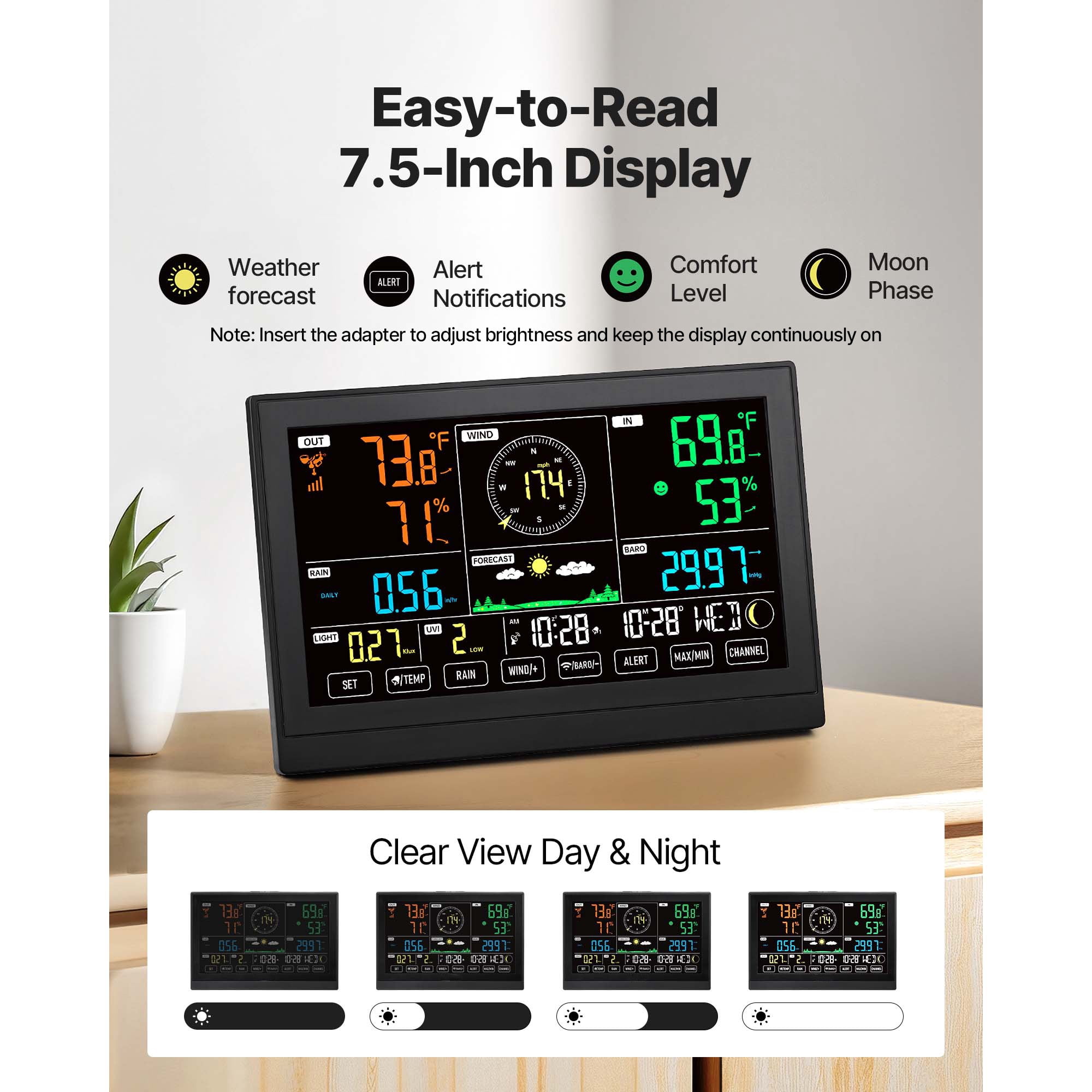 KFFKFF 7 in 1 Wireless Weather Station, with 7.5in VA Screen, Solar Weather Monitor for Rain Gauge, Weather Forecast, Temperature, Humidity, Wind Speed, and Direction (No WiFi)