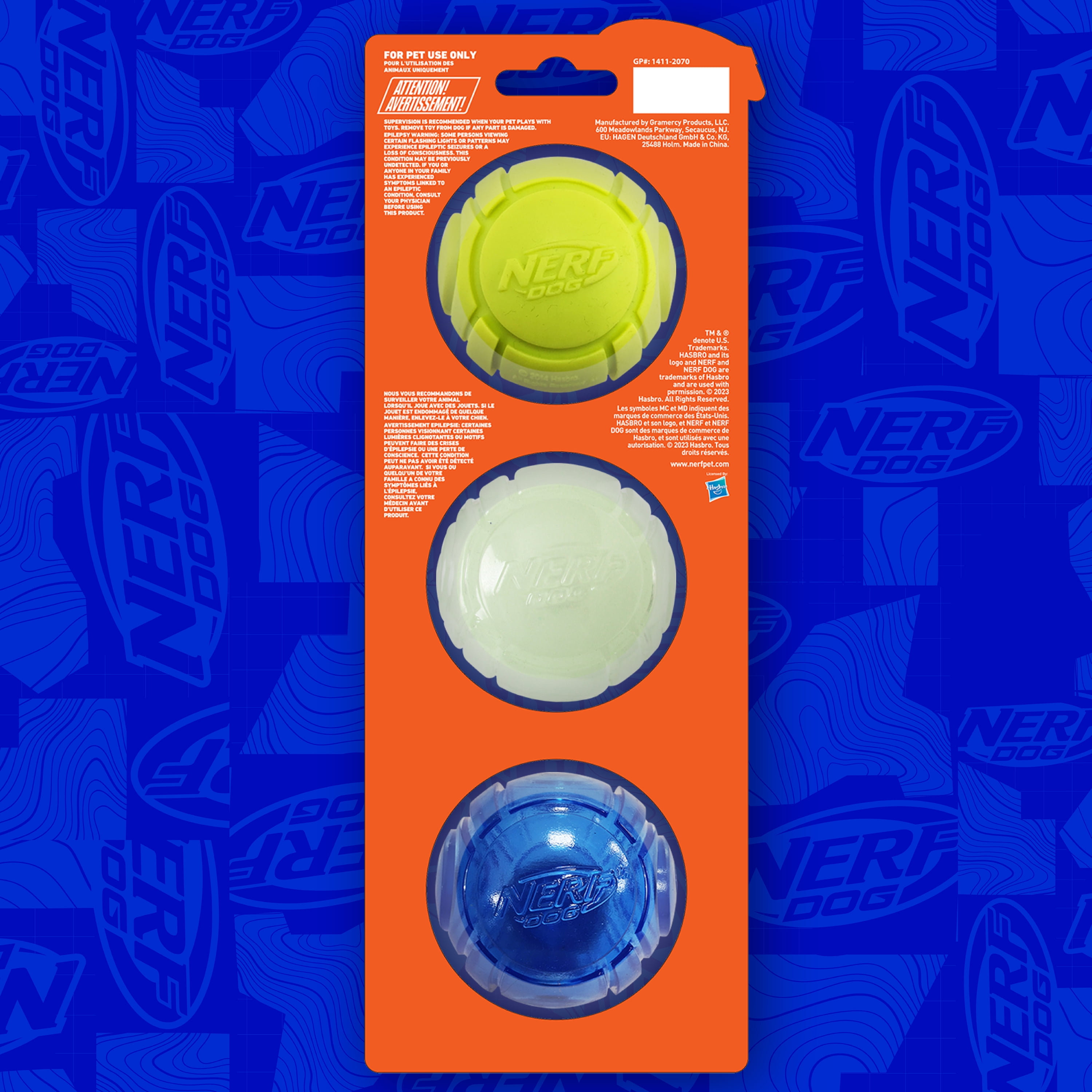 Nerf Dog Launcher Ball 3-Pack with 1 Solid Tuff, 1 Glow Ball & 1 LED Ball, 2.5 inch