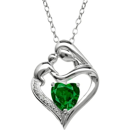 Mother and Child Simulated Emerald and Diamond Accent Pendant in Sterling Silver, 18