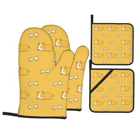 

Oven Mitts and Pot Holders 4 pcs Set Cute Corgi Funny Bones Yellow Heat Resistant Pot Holders Oven Mitts for kitchen Non-Slip Hanging Loop Oven Glove Potholders for Baking Cooking