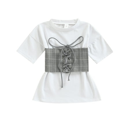 

Calsunbaby Kids Baby Girls Short Sleeve Dress Solid Color T-Shirt Dress withTie-Up Plaid Corset Summer Clothes White 1-2 Years