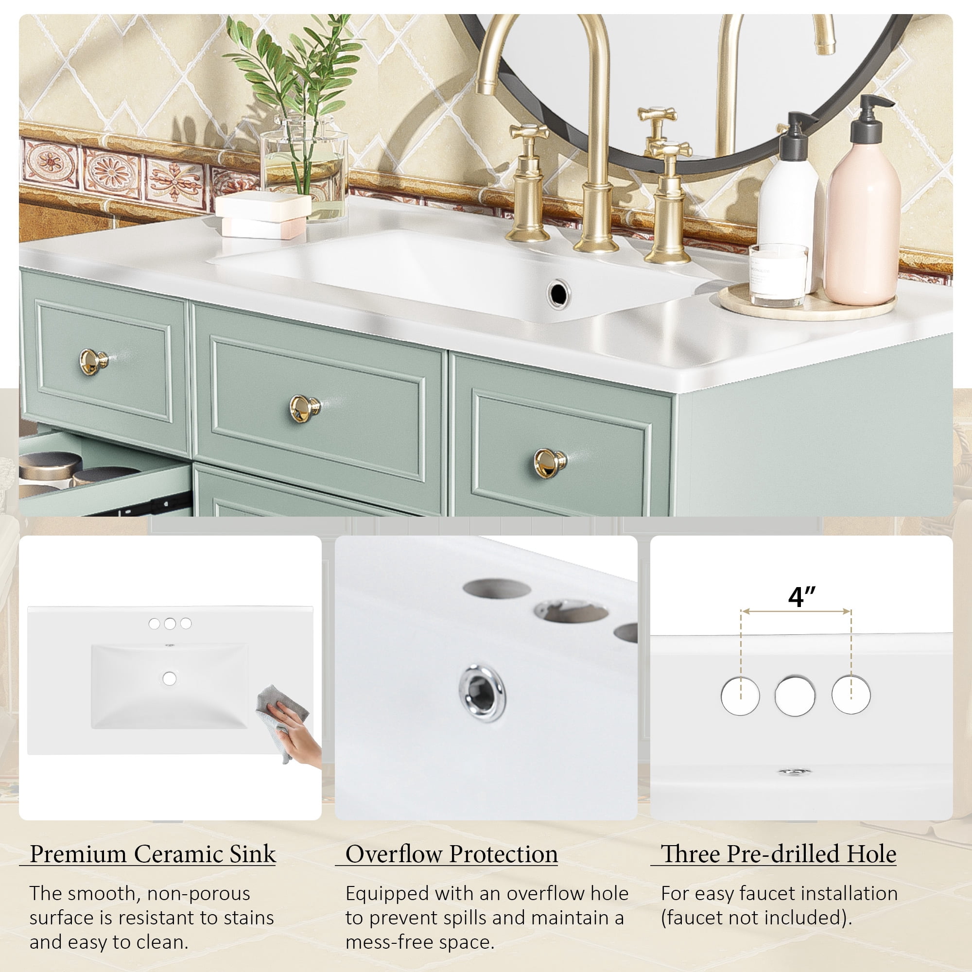 Euroco 36" Bathroom Vanity with Ceramic Sink, Green, Solid Wood Frame, Soft Close Doors, Adjustable Shelves, 3 Drawers ,Including Double-Depth Drawer for Hairdryer Storage
