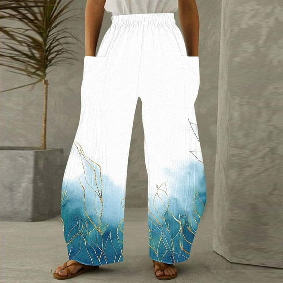 Jjayotai Wide Leg Pants for Women, Women's Ultra Soft Popular Floral Printed Stylish Palazzo Pants, Straight Trousers with Pockets Blue L