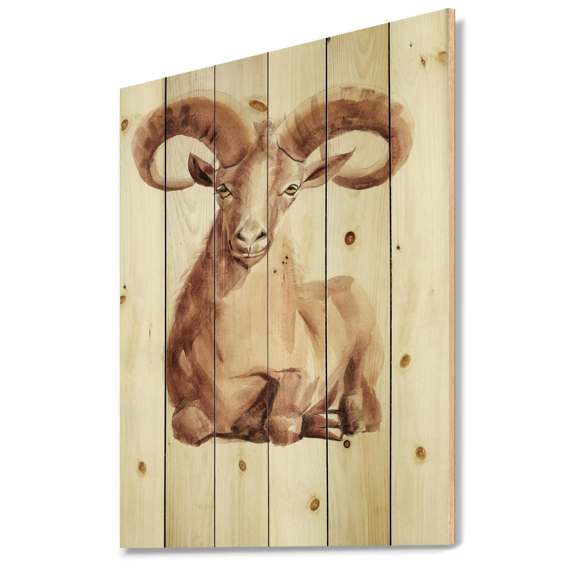 Designart 'Abstract Portrait of Wild Ram With Mighty Horns II' Farmhouse Print on Natural Pine Wood