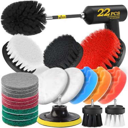 Holikme Ensemble de 22 Brosses de Perceuse, Tampons à Récurer Noirs et Éponge, Brosse à Récurer Puissante avec Rallonge, Tout Usage pour Joints, Carreaux, Éviers, Baignoire, Salle de Bain, Cuisine et Auto