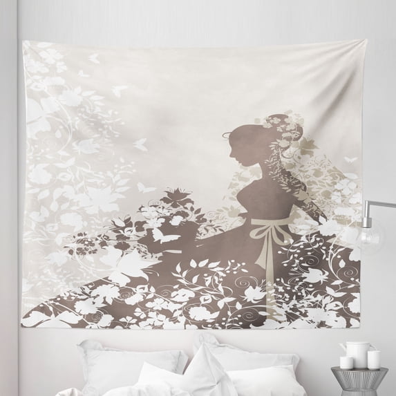 Vintage Woman Tapestry, Wedding Theme Background with Flowers Bouquet and Bride Silhouette, Fabric Wall Hanging Decor for Bedroom Living Room Dorm, 5 Sizes, Taupe Eggshell White, by Ambesonne
