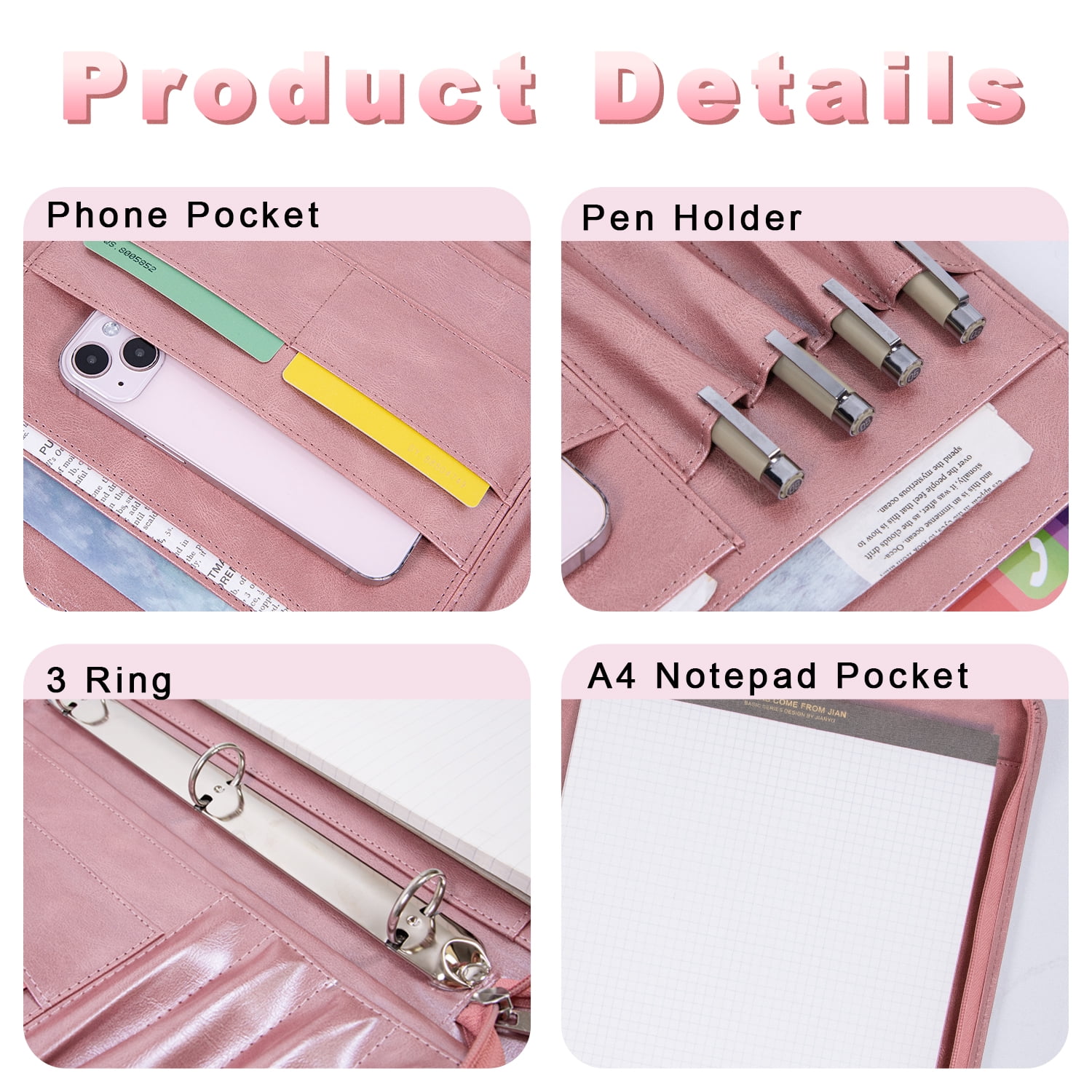 Zipper Binder Portfolio for Women, 3 Ring Binders 1 inch, PU Leather Padfolio Folder, Business Portfolio Organizer with A4 Legal Pads, Thin Leather Professional Binder, Gift for Her, Rosegold