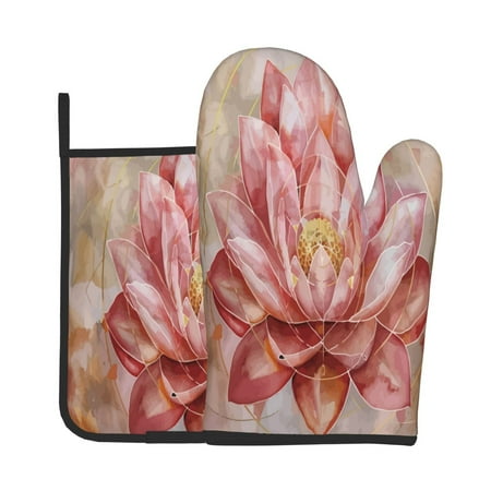 

Zeuib Pink Lotus Print Oven Mitt & Pot Holder Set 2-Pack Kitchen Gloves and Hot Pads for Cooking BBQ Grilling Baking