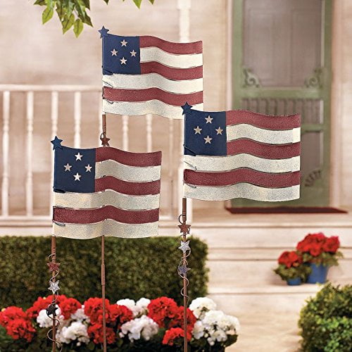 Set of 3 American Flag Garden Stake Patriotic Decor Red White Blue