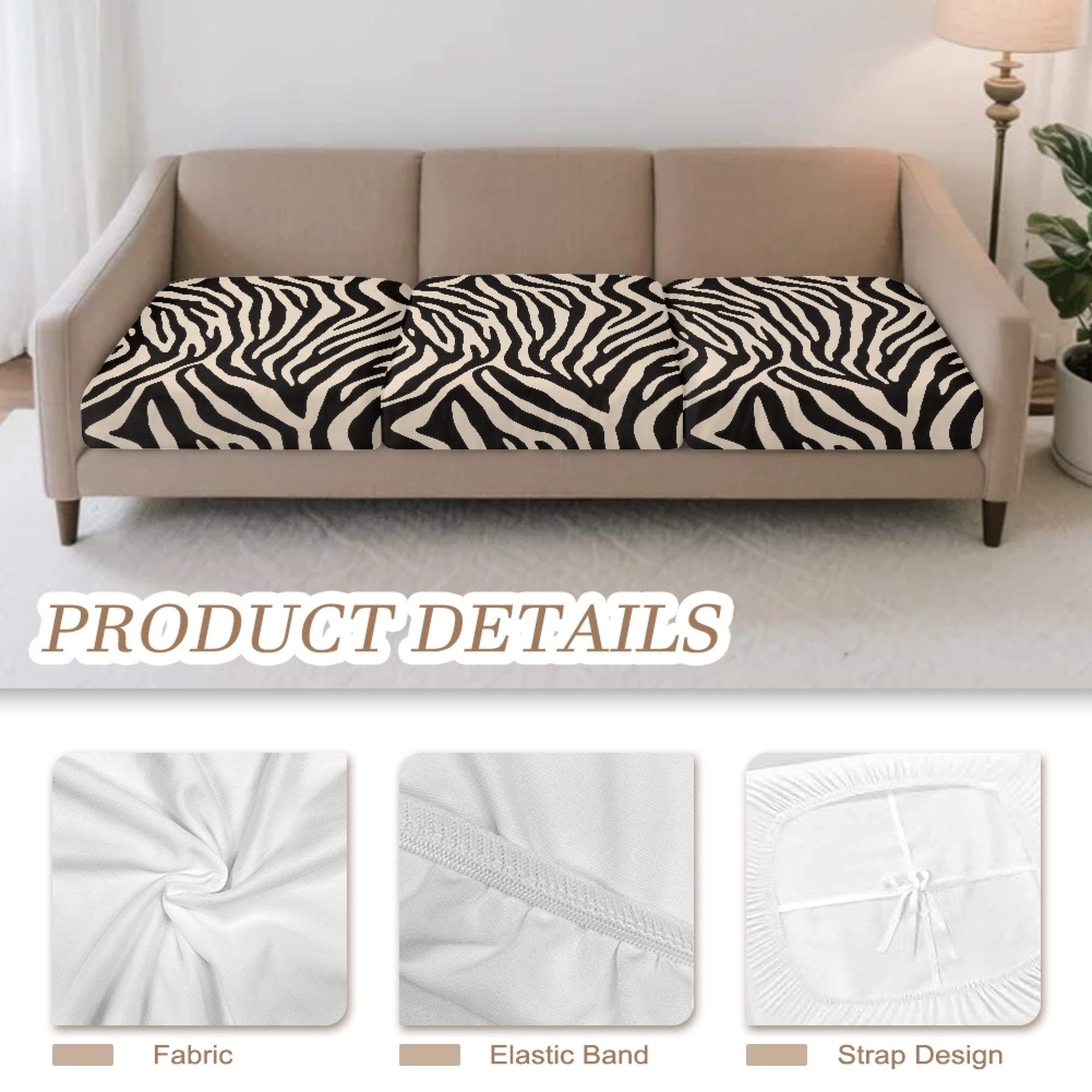 TSOVTHRID Beige Zebra Stripe Print Couch Cushion Covers Stretch Sofa Seat Slipcovers Sets Anti Slip Couches Furniture Protector for Armchair Loveseat, Machine Washable, 24x24 Inch