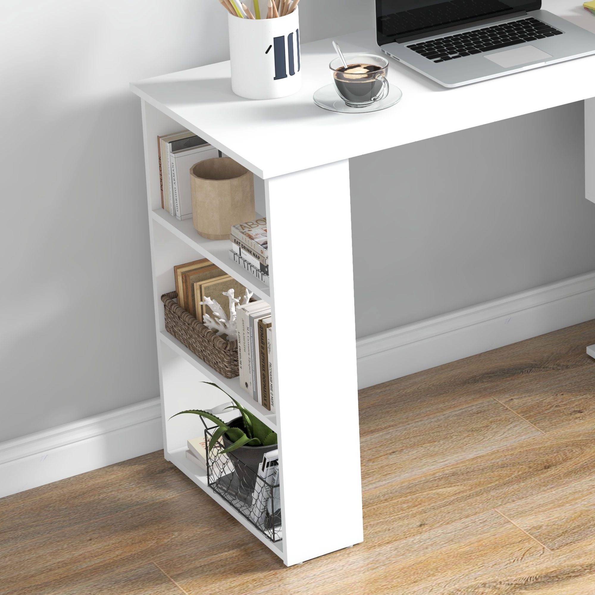 HOMCOM 360° Rotating Home Office Desk L Shaped Corner Computer Desk with Storage Shelves, Writing Table Workstation, White