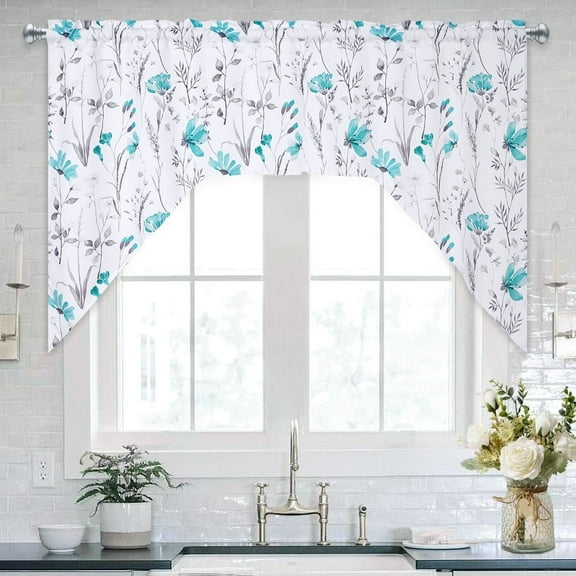 Alishomtll Kitchen Curtains Teal Floral Valance Swag Curtains Watercolor Flower Window Drapes,61" W x 36" L,Rod Pocket