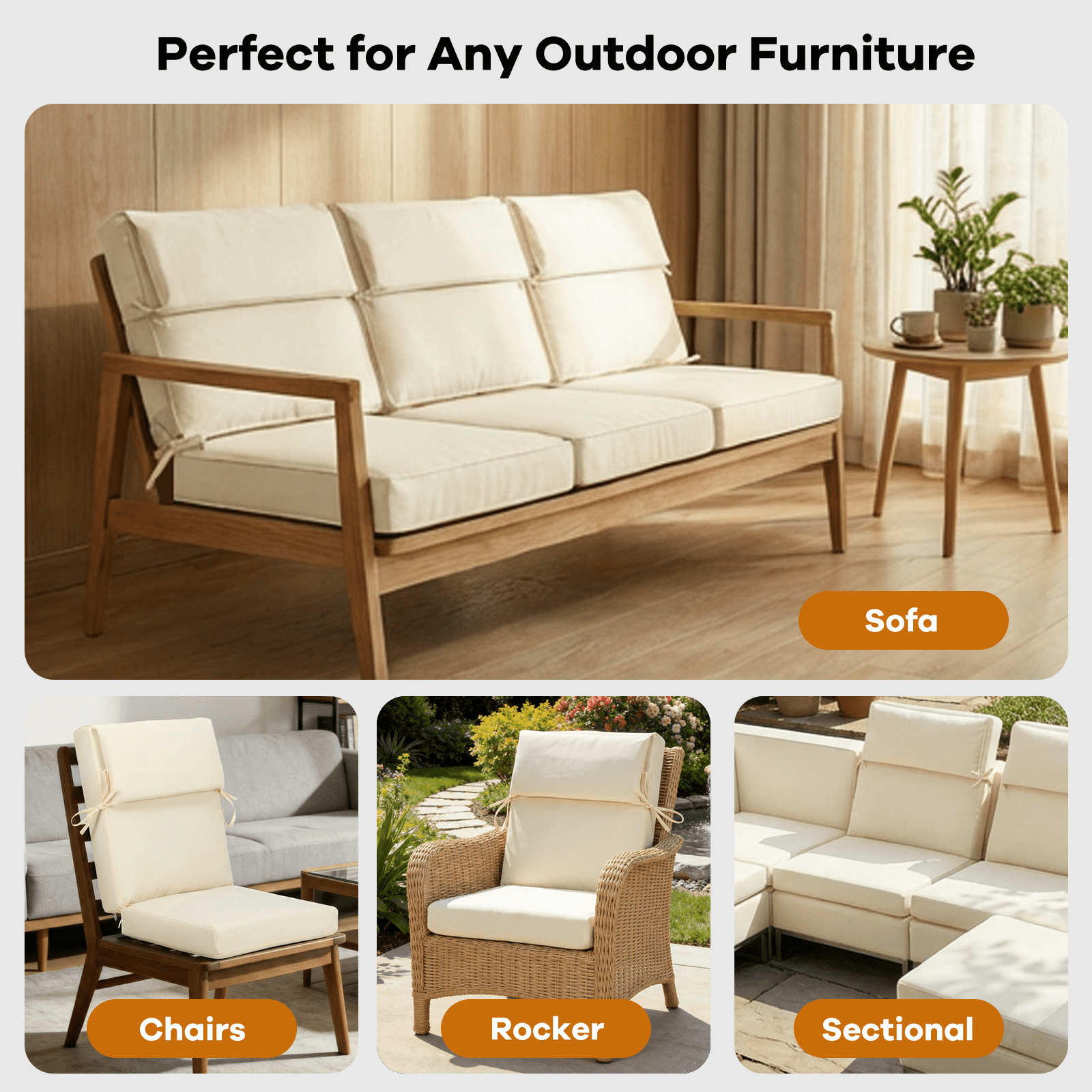 Naturoasis Outdoor Chair Cushions -21.7x20.3x24,3,4-Set Deep Seat Patio Cushions with Removable Cover,Waterproof & Fade Resistant Replacement for Wicker Chair, Loveseat,Beige