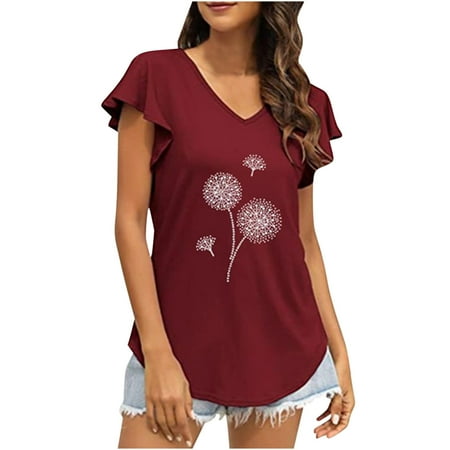 

Plus Size Tops for Women Crop Tops Trendy Women Leisure Ruffles Short Sleeve Irregular V-Neck Printed Tops Blouse T Shirts T Shirts for Women Valentines Day Shirts Women Clearance Red 2XL