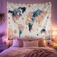thumbnail image 2 of Celestial Watercolor World Map with Sun and Moon, Dreamy Boho Style for Travel Lovers, Global Wall Art, Graduation Gift, Tapestry Wall Hanging for Bedroom and Dorm, 2 of 7