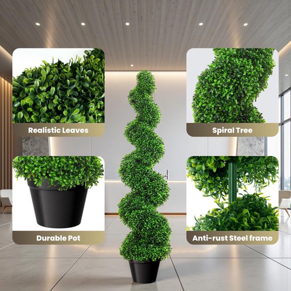 Easy Assembly 3.28ft Faux Boxwood Spiral Topiary Trees, 2 Pieces High Density Lifelike Artificial Plants, No Pruning Fake Twisted Tree for Home Office Decor