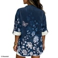 thumbnail image 2 of FKELYI Faux Linen Shirts Women's V-Neck Blouses Flower Butterfly Blue Print Breathable Roll Up Sleeve Shirts Summer Beach Top 3/4 Sleeve Vacation Outfits, S, 2 of 5